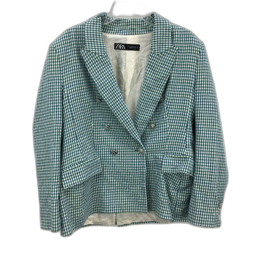 Zara Double Breasted Green Blue Gingham Fitted Blazer Jacket Ladies Size XL