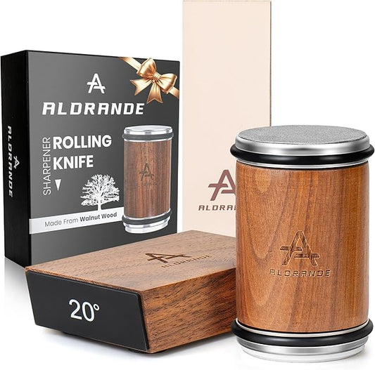 Aldrande 15 and 20 Degree Rolling Knife Sharpener Made from Walnut Wood NEW