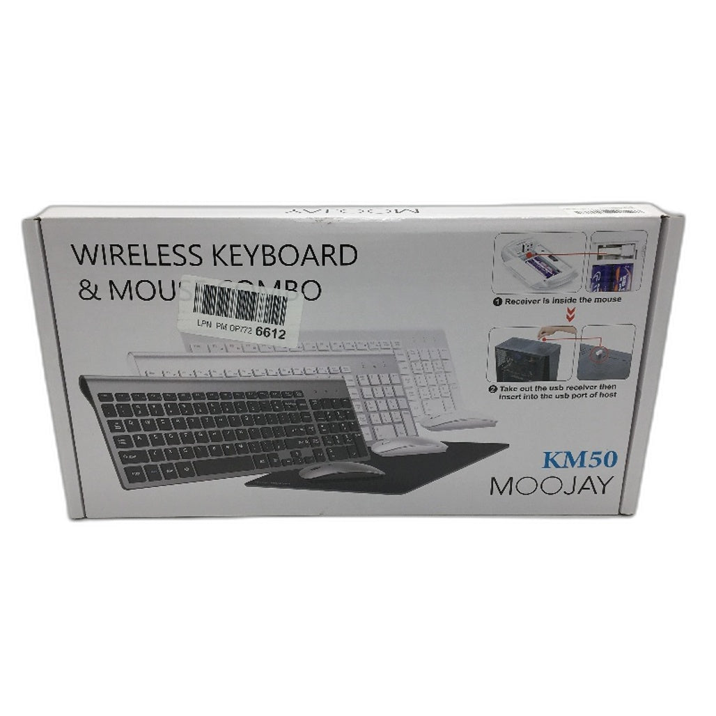 Moojay Wireless Full Sized Ultra Slim Keyboard and Mouse Combo in Silver DEMO
