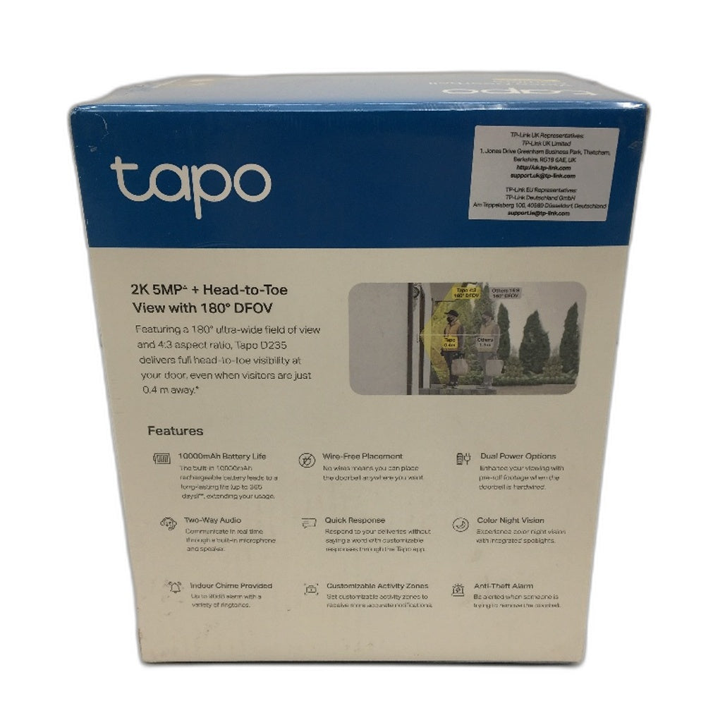 TP-LINK Tapo D235 2K 5MP 180 Degree Smart Video Doorbell with Chime UK Ver NEW