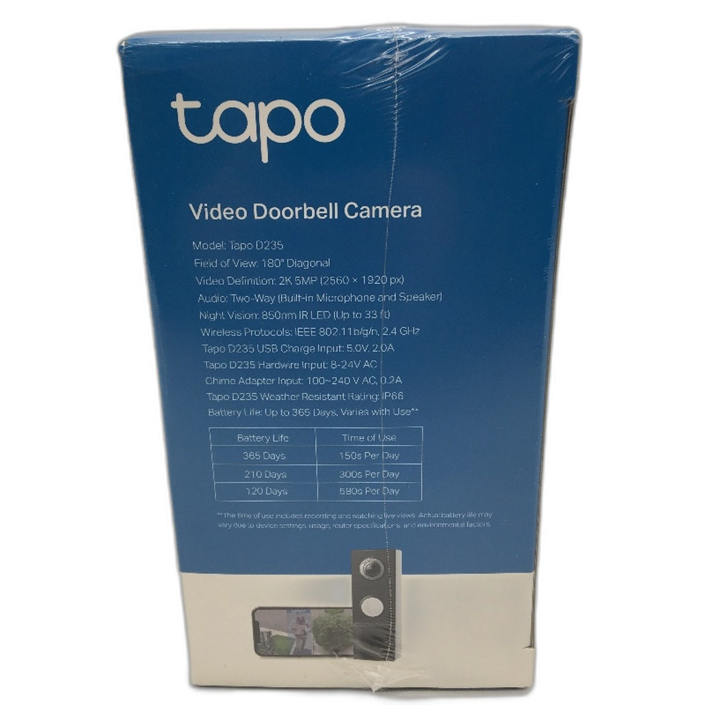 TP-LINK Tapo D235 2K 5MP 180 Degree Smart Video Doorbell with Chime UK Ver NEW