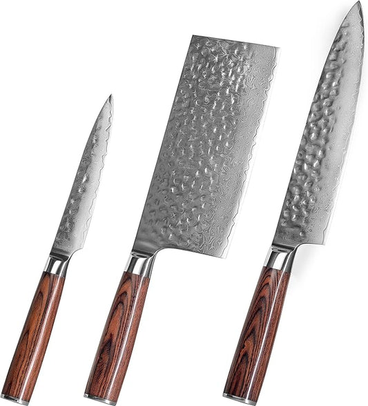 Souped Up Recipes 3 Piece VG-10 Damascus Steel Silver Kitchen Knife Set NEW