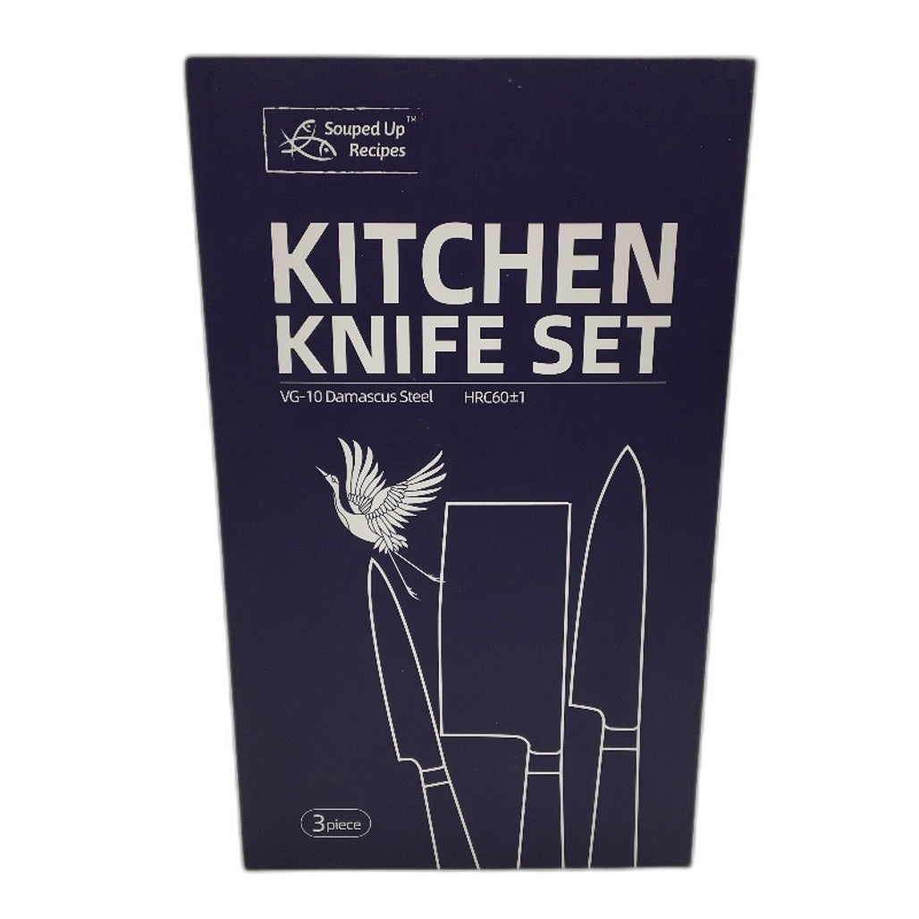 Souped Up Recipes 3 Piece VG-10 Damascus Steel Silver Kitchen Knife Set NEW