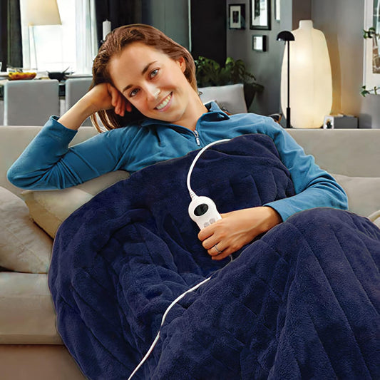 SOQ Navy Electric Heated Throw Rug Snuggle Blanket 9 Smart Heat Settings NEW