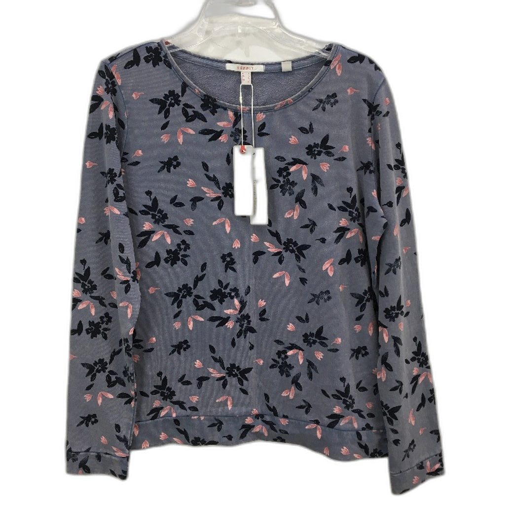 Esprit Fade Blue Pink & Navy Floral Cotton Long Sleeve Top Ladies Size L NEW