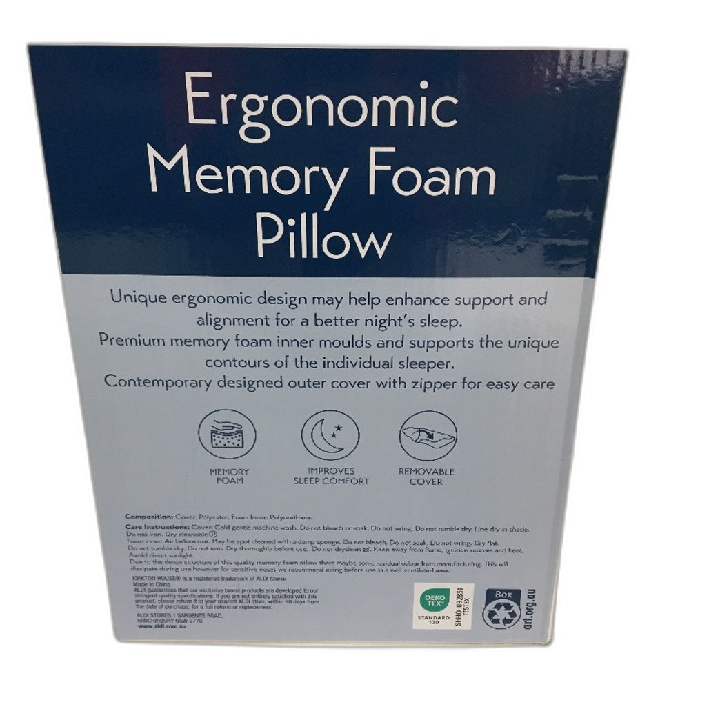 Kirkton House Thin Ergonomic Memory Foam Pillow & Removable Cover 57 x 34cm NEW