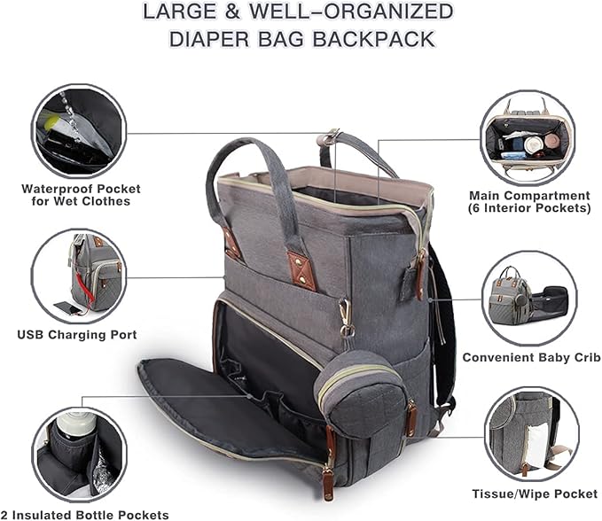 Fexkean Baby Diaper Backpack Mummy Travel Changing Bag With Foldable Bed NEW
