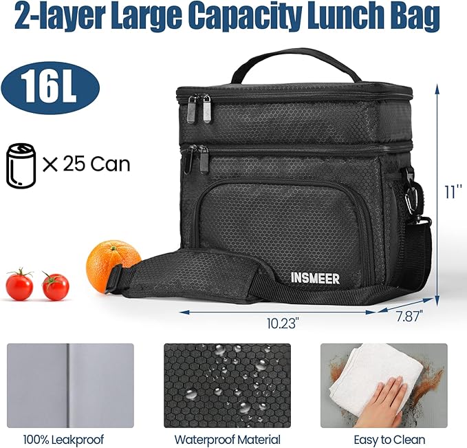 Insmeer 16L 2 Decks Insulated Lunch Cooler Bag Leakproof With Shoulder Strap NEW