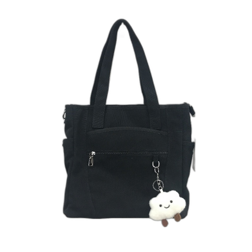 SDYSM Black Canvas Crossbody Tote Bag Zipper Compartment With Cloud Keychain