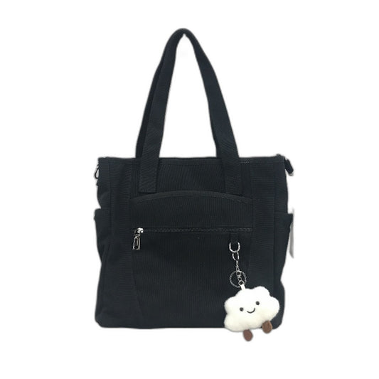 SDYSM Black Canvas Crossbody Tote Bag Zipper Compartment With Cloud Keychain