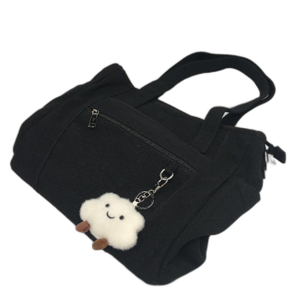 SDYSM Black Canvas Crossbody Tote Bag Zipper Compartment With Cloud Keychain