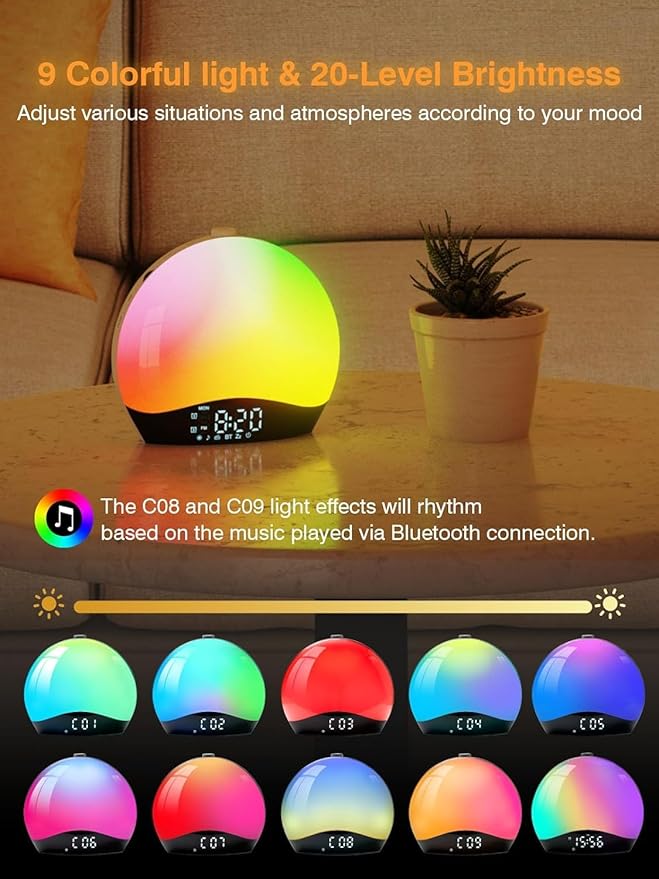 Wake Up Light Sunrise Alarm Clock With Bluetooth Speaker Sound Machine FM Radio