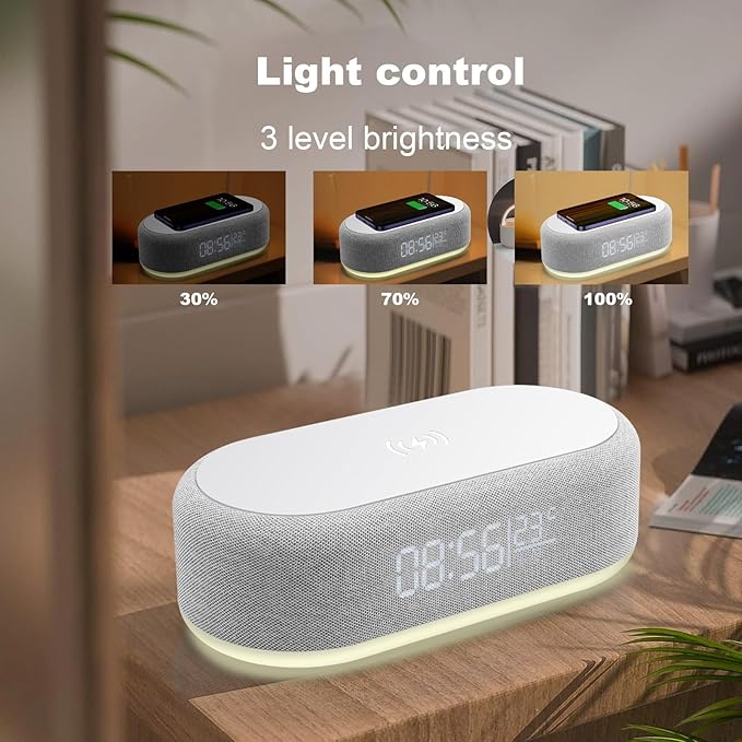 Multi Functional 4 In 1 Alarm Clock With Wireless Charging Dimmable Night Light