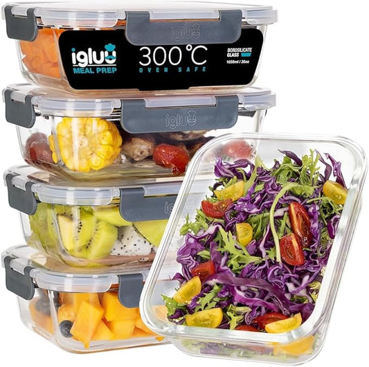 Igluu 5 Pack 1050ml Meal Prep Storage Glass Container with Airtight Lids NEW