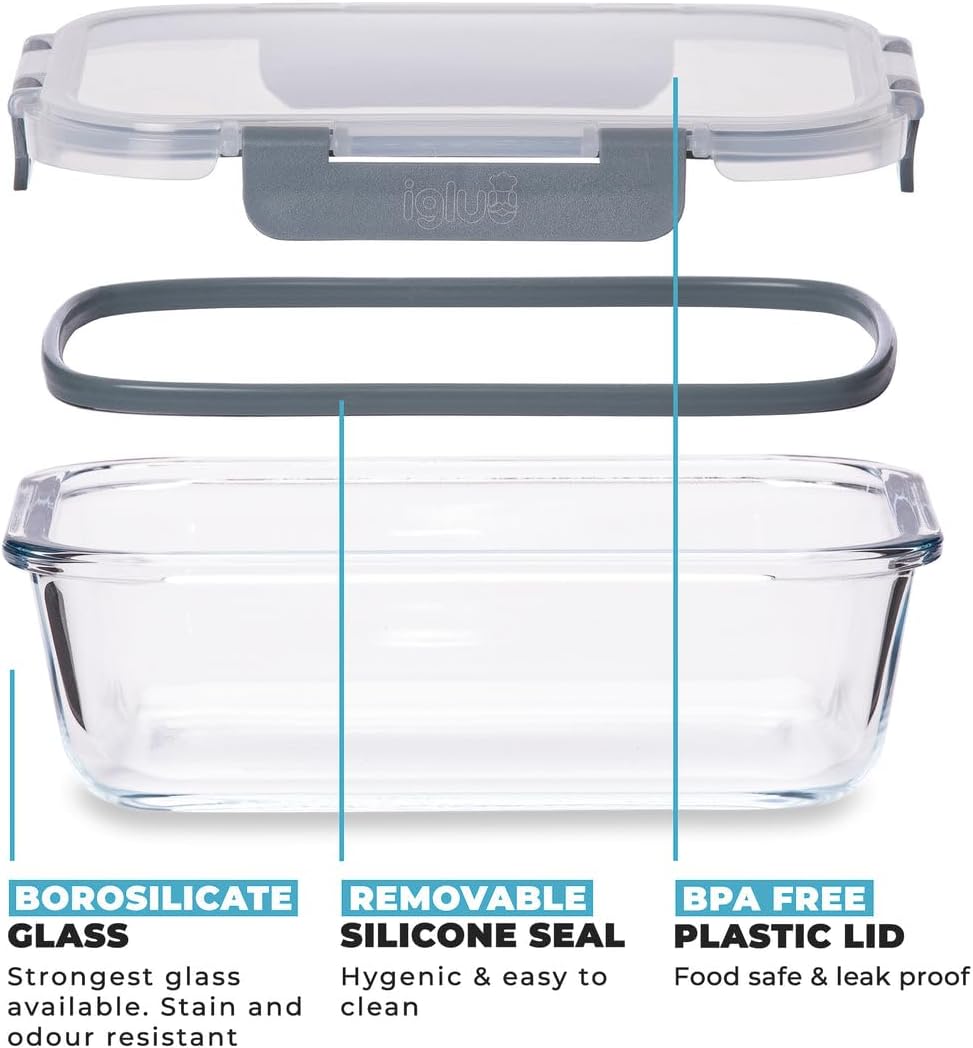 Igluu 5 Pack 1050ml Meal Prep Storage Glass Container with Airtight Lids NEW