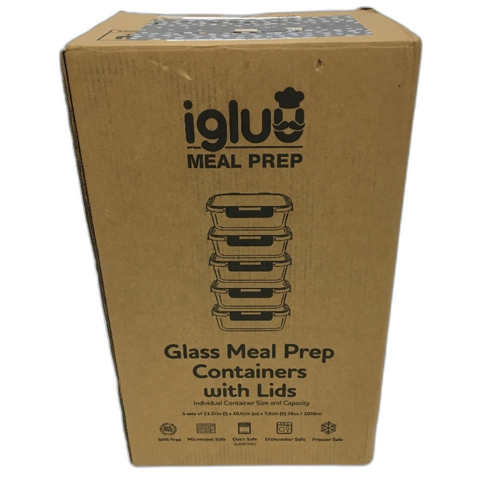Igluu 5 Pack 1050ml Meal Prep Storage Glass Container with Airtight Lids NEW
