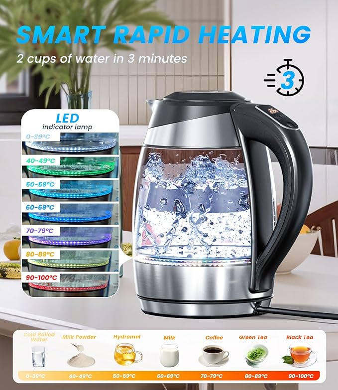 1.8L LED Light 360 Degree Swivel Automatic Shut Off Glass Kettle NEW