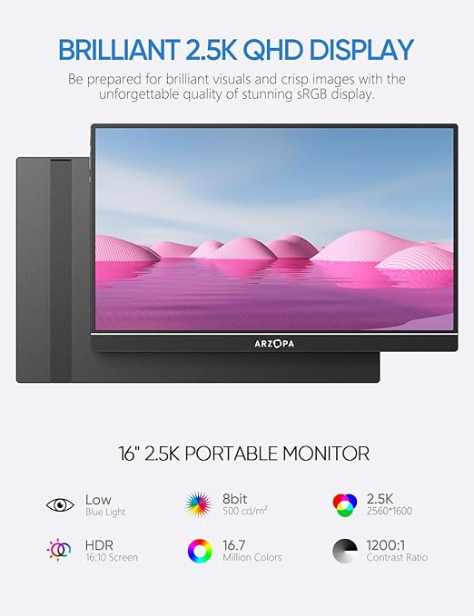 Arzopa Z1RC 16 Inch 2.5K 16:10 HDR HDMI Type-C Lightweight Portable Monitor NEW