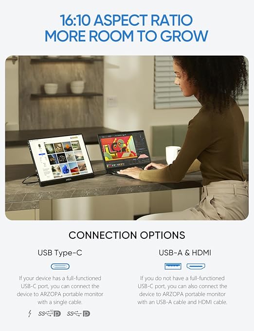 Arzopa Z1RC 16 Inch 2.5K 16:10 HDR HDMI Type-C Lightweight Portable Monitor NEW