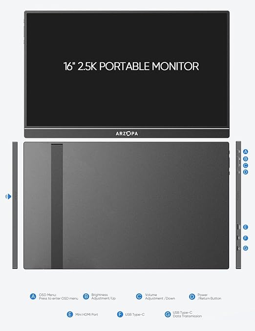 Arzopa Z1RC 16 Inch 2.5K 16:10 HDR HDMI Type-C Lightweight Portable Monitor NEW