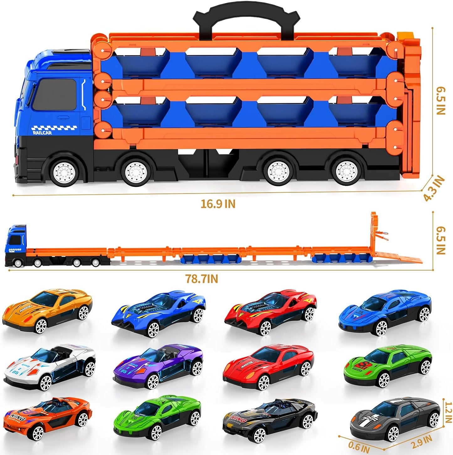 12 Piece 7cm Race Cars and Carrier Truck with Foldable Track for Ages 3 Plus NEW