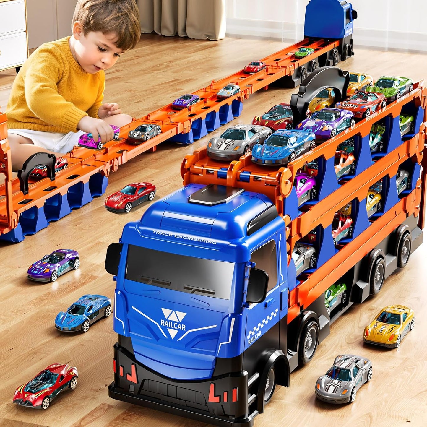 12 Piece 7cm Race Cars and Carrier Truck with Foldable Track for Ages 3 Plus NEW