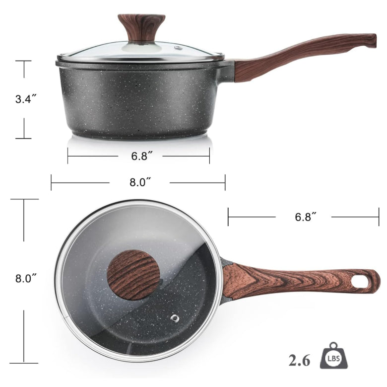 Sensarte Non-Stick Saucepan With Lid 20cm Medium Pot 2.5 Quart Granite Coating