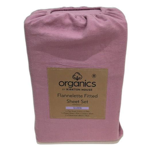 Organics by Kirkton House Flannelette Fitted Lilas Pink Sheet Set QUEEN Bed NEW