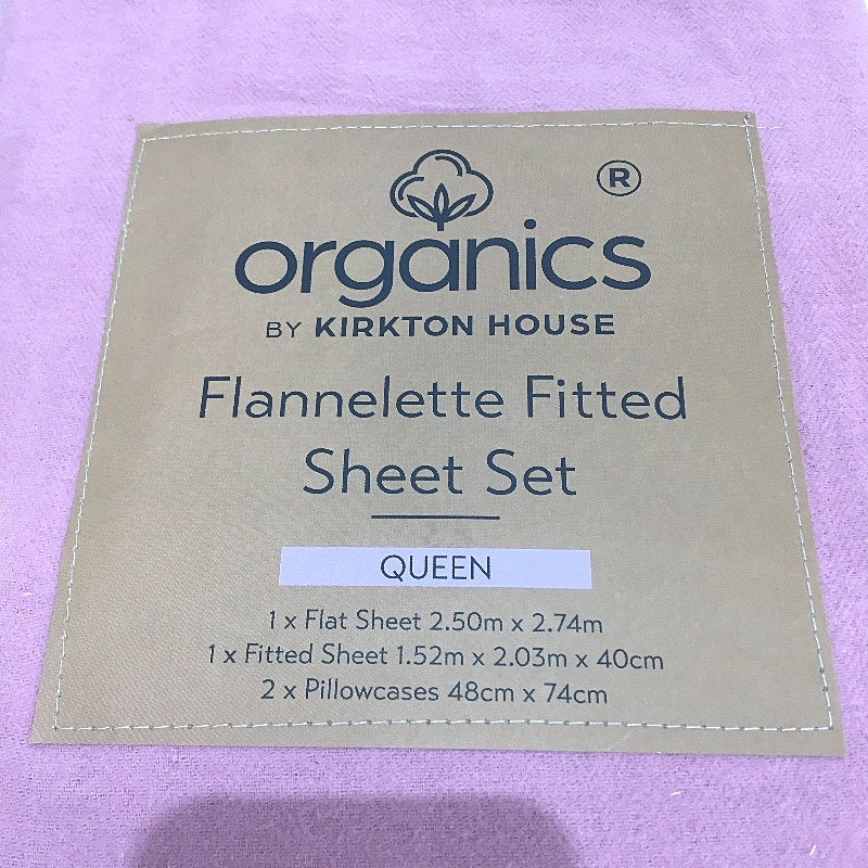 Organics by Kirkton House Flannelette Fitted Lilas Pink Sheet Set QUEEN Bed NEW