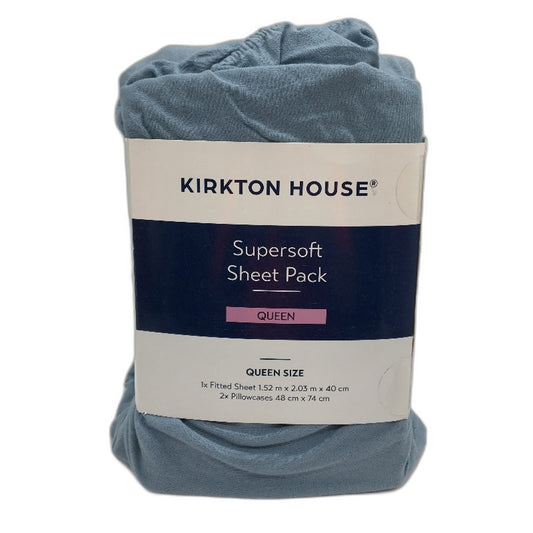 Kirkton House Supersoft Blue Jersey Style Cotton Fitted Sheet Pack QUEEN Bed NEW