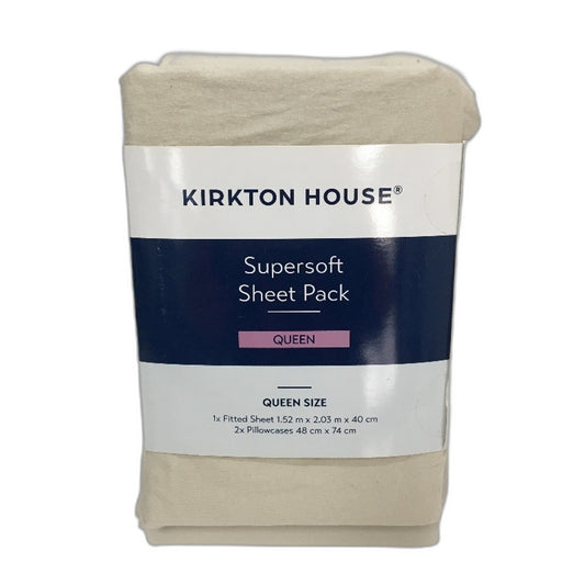 Kirkton House Cream Supersoft Jersey Style Cotton Fitted Sheet Pack QUEEN NEW