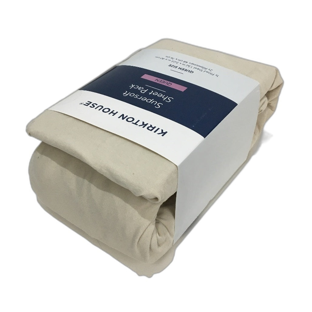 Kirkton House Cream Supersoft Jersey Style Cotton Fitted Sheet Pack QUEEN NEW