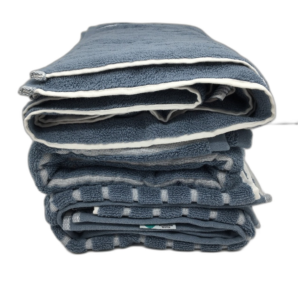 Kirkton House Set of 3 100% Cotton Blue Ribbed Striped Bath Towel Pack NEW