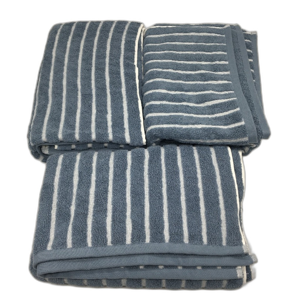 Kirkton House Set of 3 100% Cotton Blue Ribbed Striped Bath Towel Pack NEW