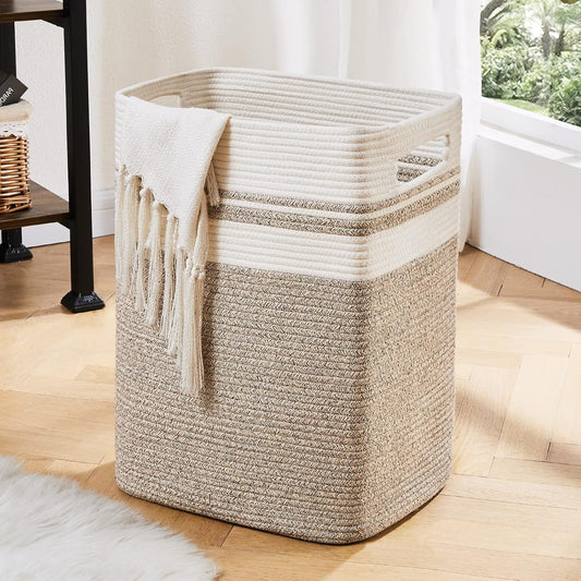 Durable Laundry Natural Collapsible Tall Cotton Woven Rope Home Decor Basket NEW