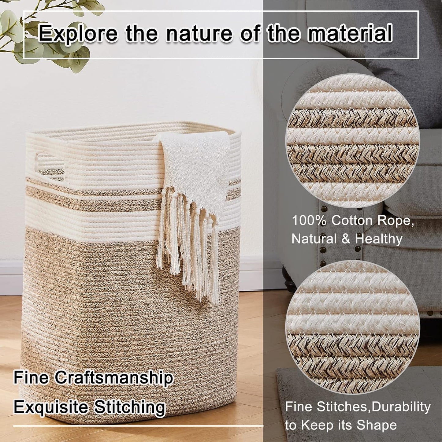 Durable Laundry Natural Collapsible Tall Cotton Woven Rope Home Decor Basket NEW