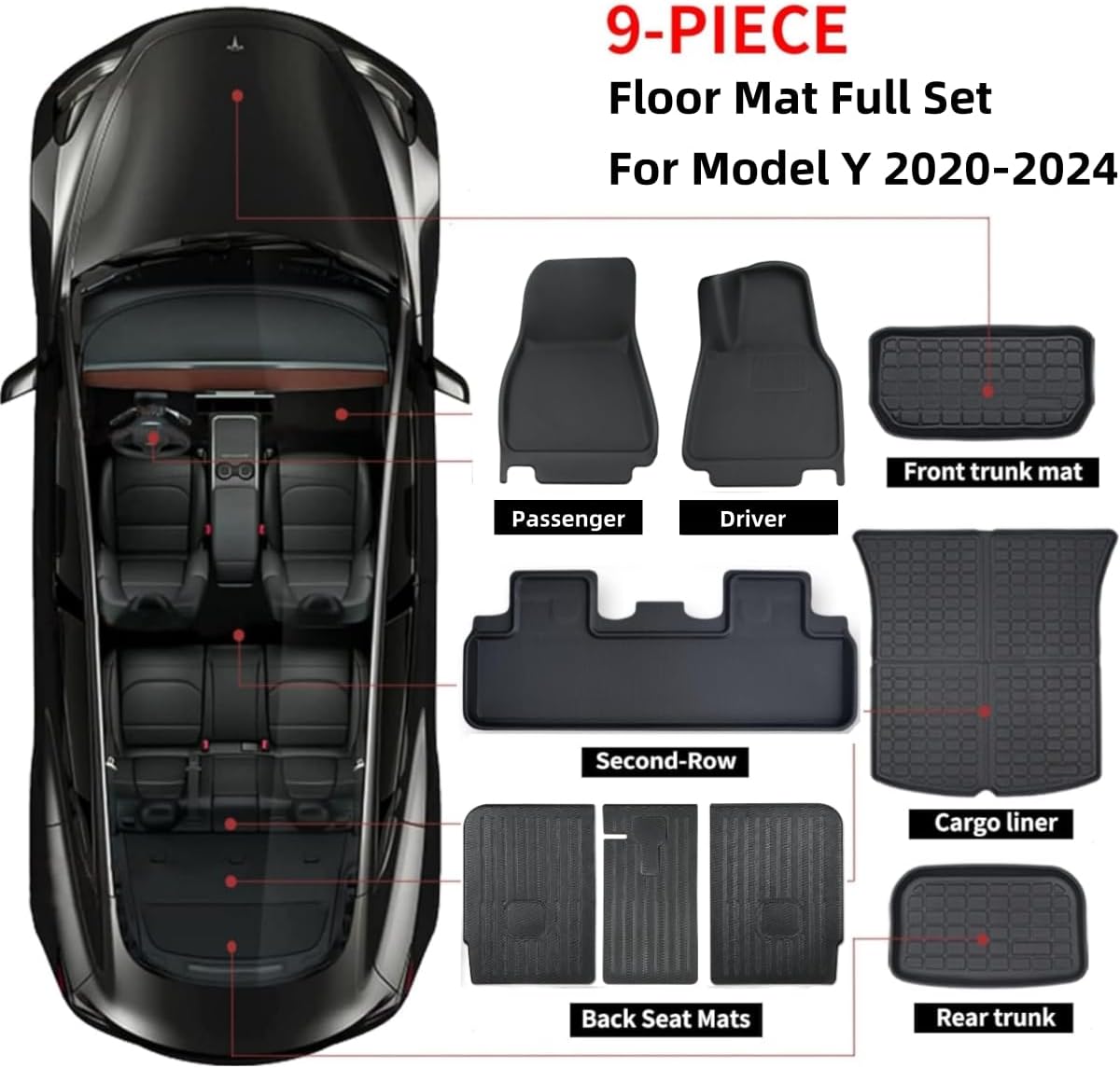 9 Piece Car Floor and Cargo Liner Mat Set Tesla Model Y 5 Seater 2020-2024 NEW