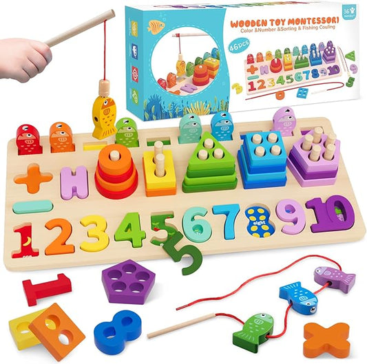 46pcs Wooden Magnetic Fish Montessori Stack and Sort Toy Ages 36 Months Plus NEW