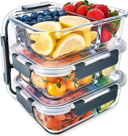 Igluu 3pk 33oz 2 Compartment Glass Food Container with Airtight Snaplock Lid NEW
