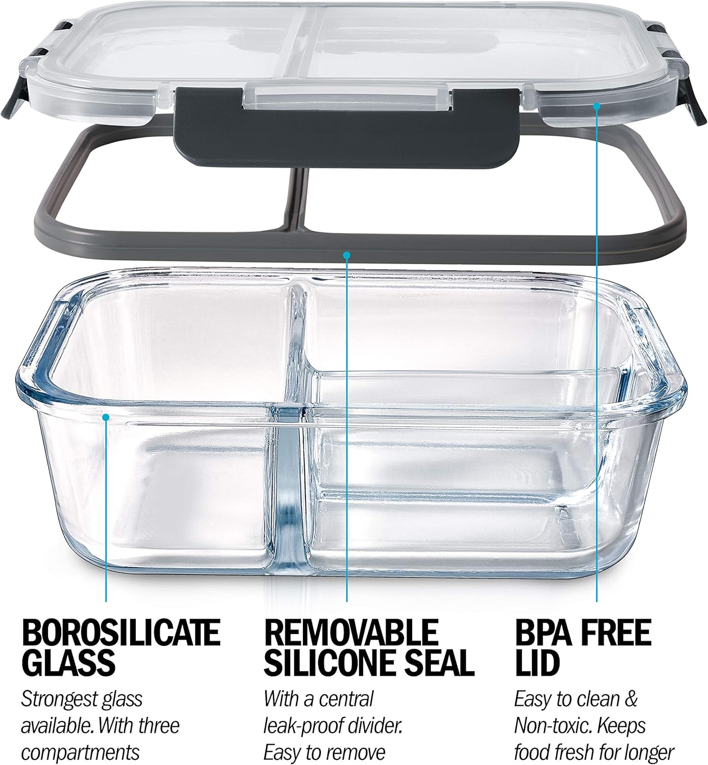 Igluu 3pk 33oz 2 Compartment Glass Food Container with Airtight Snaplock Lid NEW