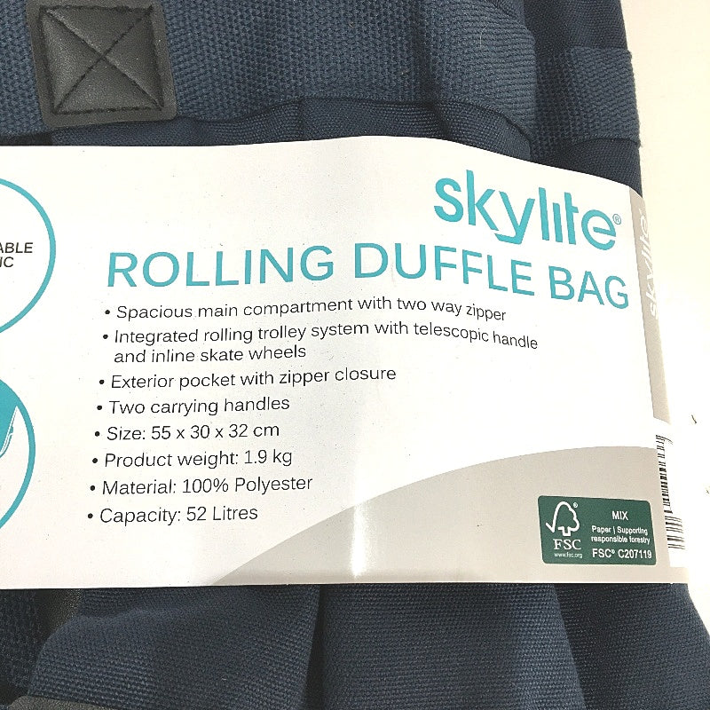 Skylite Navy Blue Durable Canvas Fabric Twin Wheel Rolling Duffle Bag 52L NEW