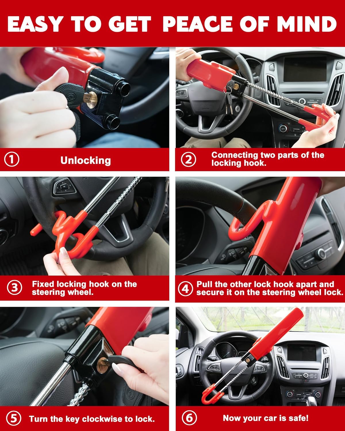 Blissora Heavy Duty Antitheft Device Adjustable Steering Wheel Lock Red NEW
