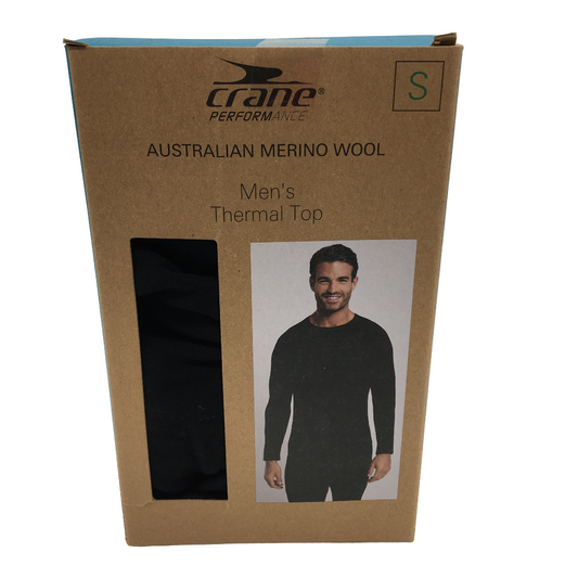 Crane Performance Black 100% Australian Merino Wool Thermal Top Mens Size S NEW