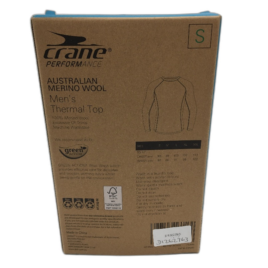 Crane Performance Black 100% Australian Merino Wool Thermal Top Mens Size S NEW