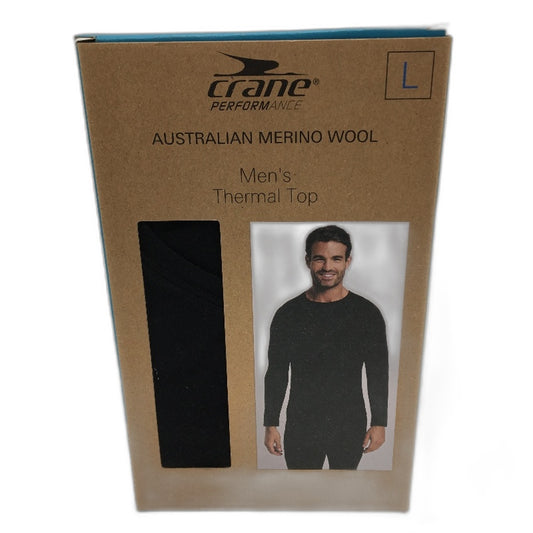 Crane Performance Black 100% Australian Merino Wool Thermal Top Mens Size L NEW