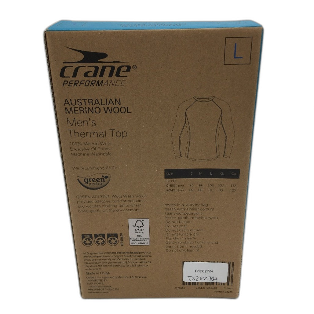 Crane Performance Black 100% Australian Merino Wool Thermal Top Mens Size L NEW