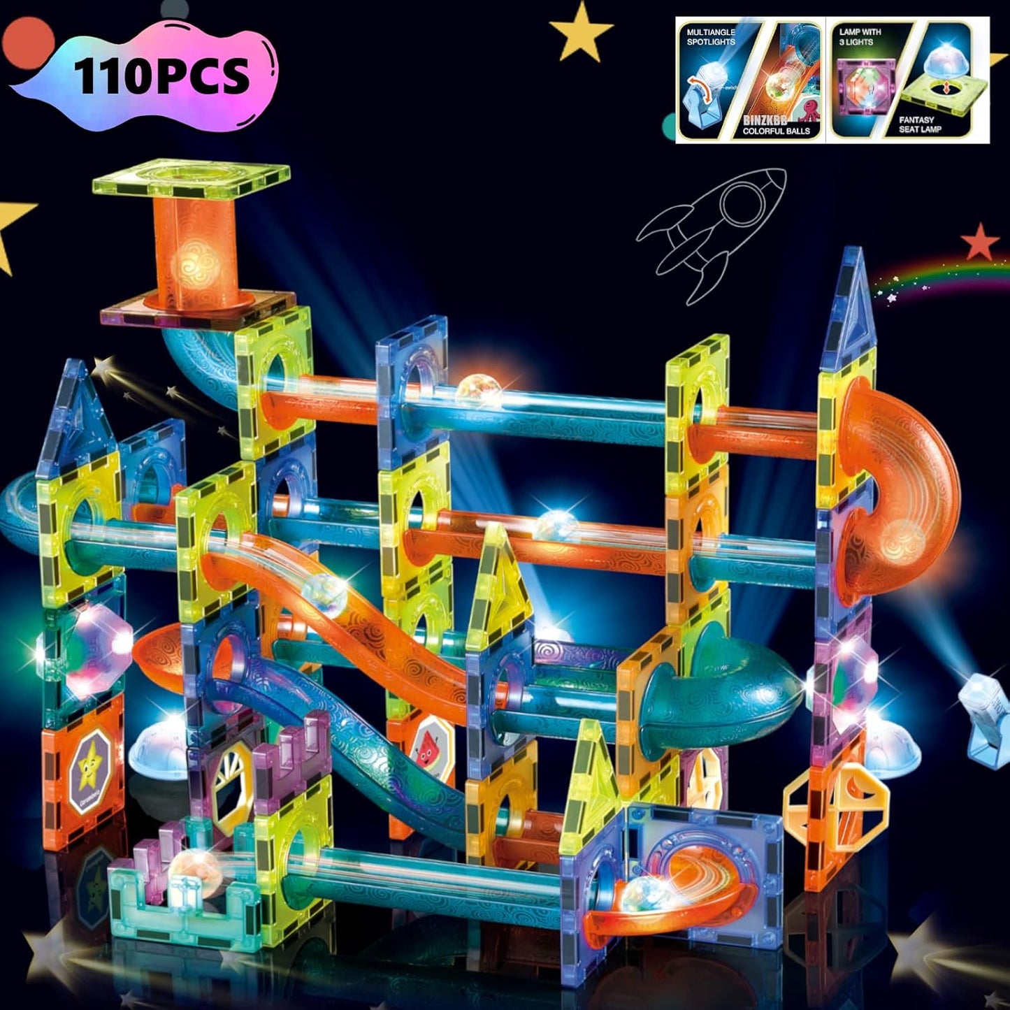 Binzbb Light Magnetic Tiles Building Marble Run 3D Clear Educational STEM NEW
