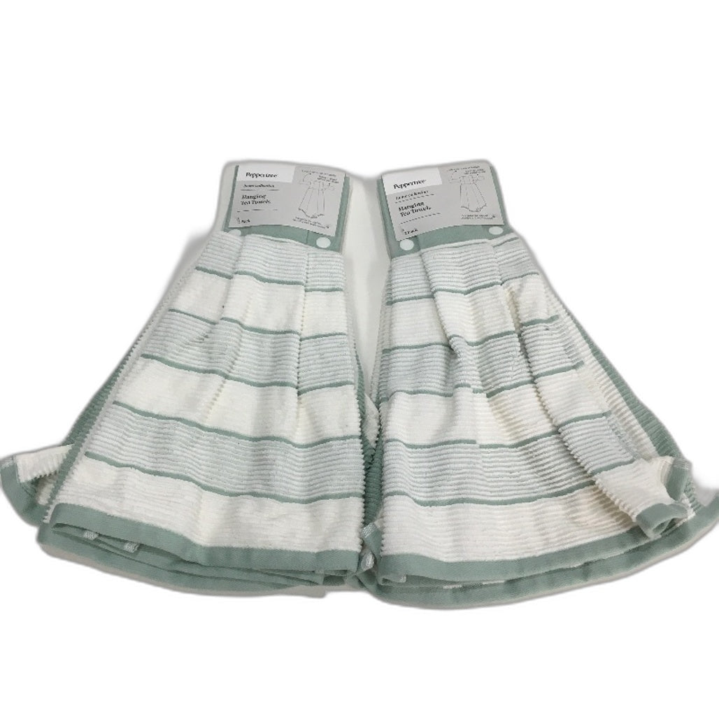 Peppertree 2 x 2 Pack Mint Green & White Cotton Hanging Tea Towel Pack NEW
