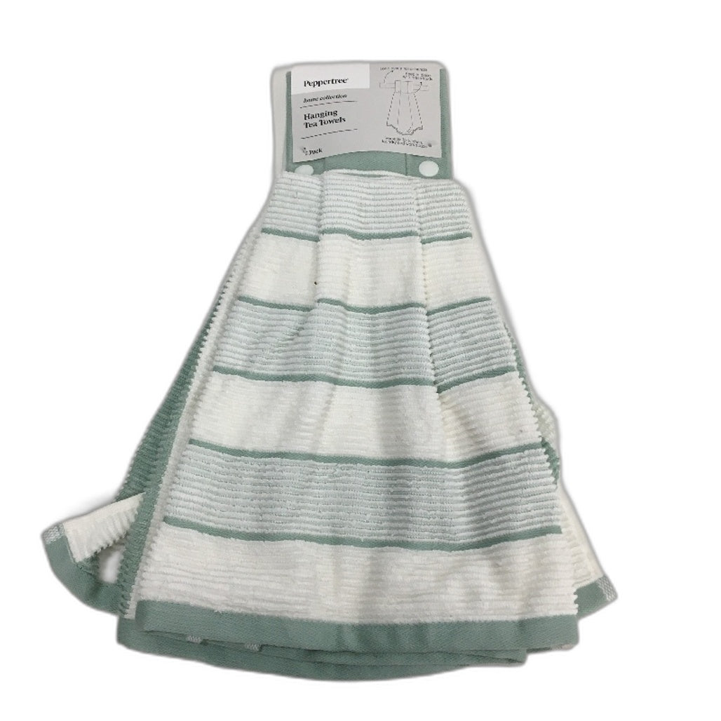 Peppertree 2 x 2 Pack Mint Green & White Cotton Hanging Tea Towel Pack NEW