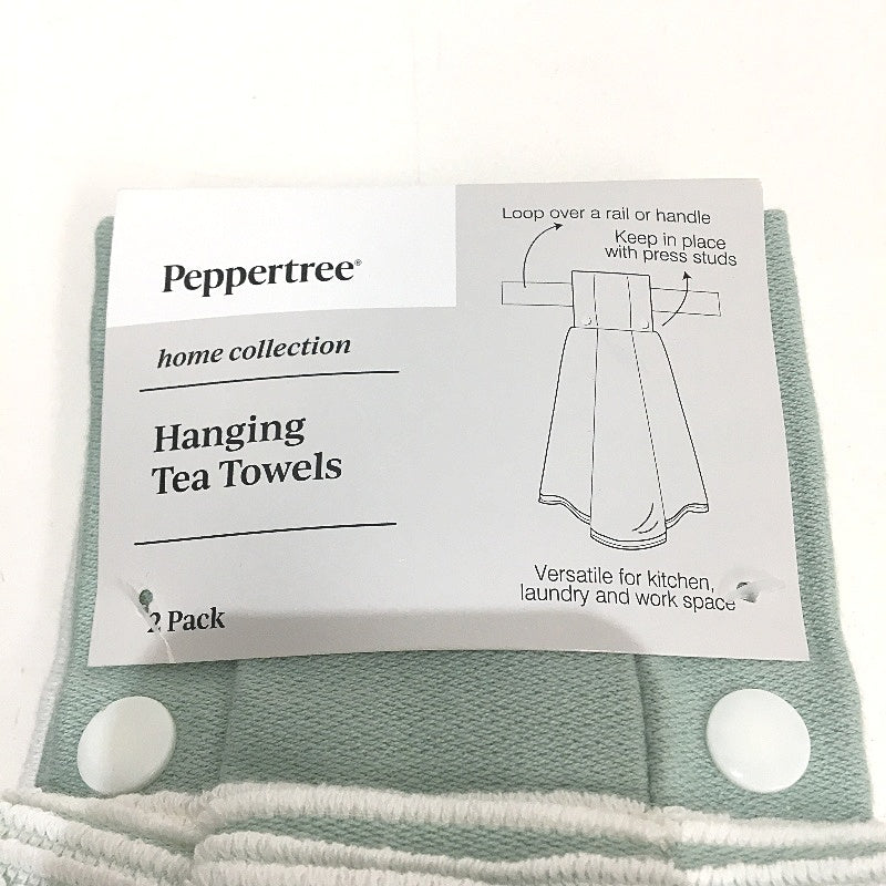 Peppertree 2 x 2 Pack Mint Green & White Cotton Hanging Tea Towel Pack NEW